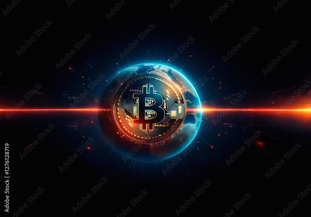 Poster bitcoin symbol centered on a digital globe with vibrant blue and orange lights emanating outwards in