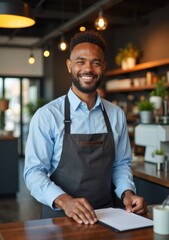 Obraz premium A barista stands cheerfully at the counter in a cafe, preparing for a busy day