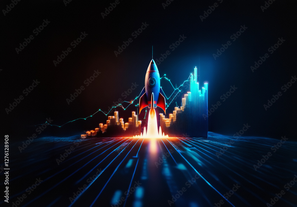 Leinwandbilder A rocket takes off with fiery thrust in front of an ascending graph, symbolizing progress and growth against a dark backdrop.  Digital blue lines create a sense of speed and direction.