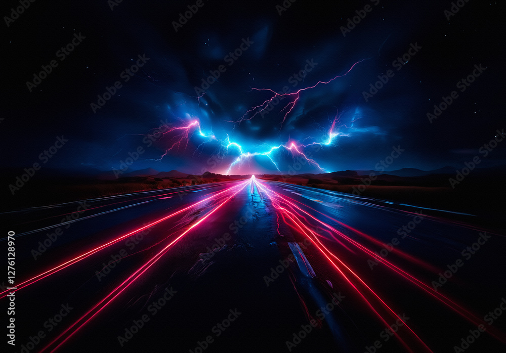 Poster a nighttime road view with vibrant light streaks converging towards a horizon punctuated by striking
