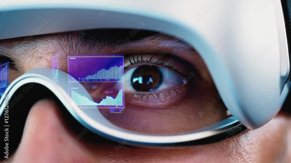 Aufkleber Close up of goggles reflecting an interactive holographic display with financial graphs and data analytics, symbolizing modern business technology and immersive analysis methods