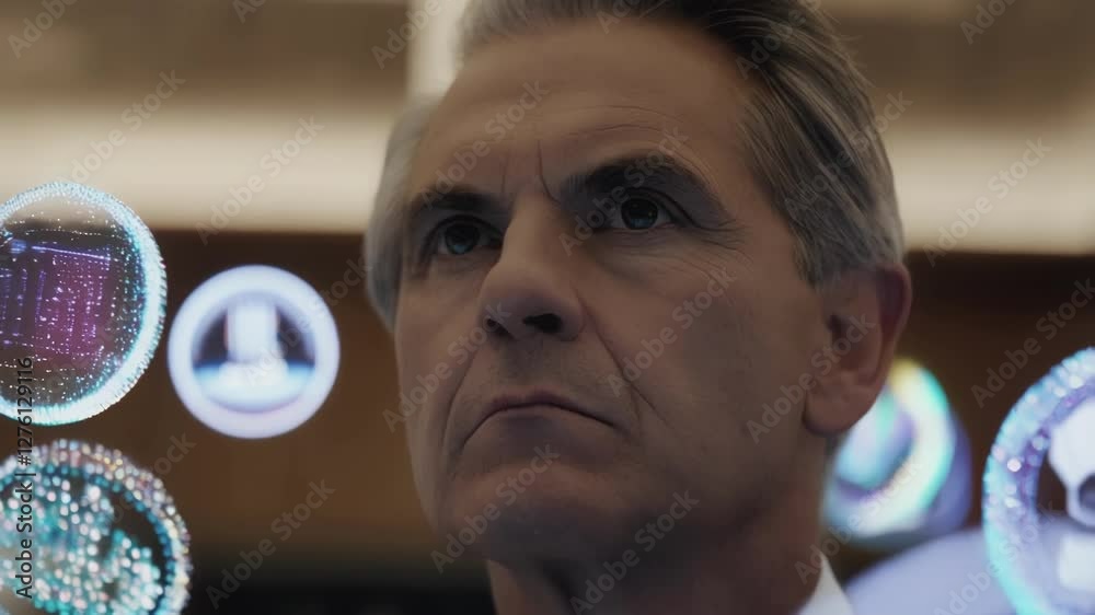 Poster Executives engage with digital holograms in an immersive technology environment, exploring advanced business analytics and innovative data visualization