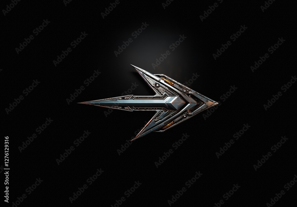 Poster A metallic arrow with sharp edges points right against a stark black backdrop. The arrow appears to be constructed from industrial-looking metal, possibly steel or iron, giving it a robust and directi