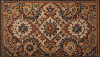 Intricate Vintage Quilted Tapestry in Earth Tones with Detailed Embroidery and Timeless Elegance