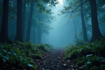 Fototapeta premium Thin wispy tendrils curling from a forest floor mist, mysterious, twilight, fog