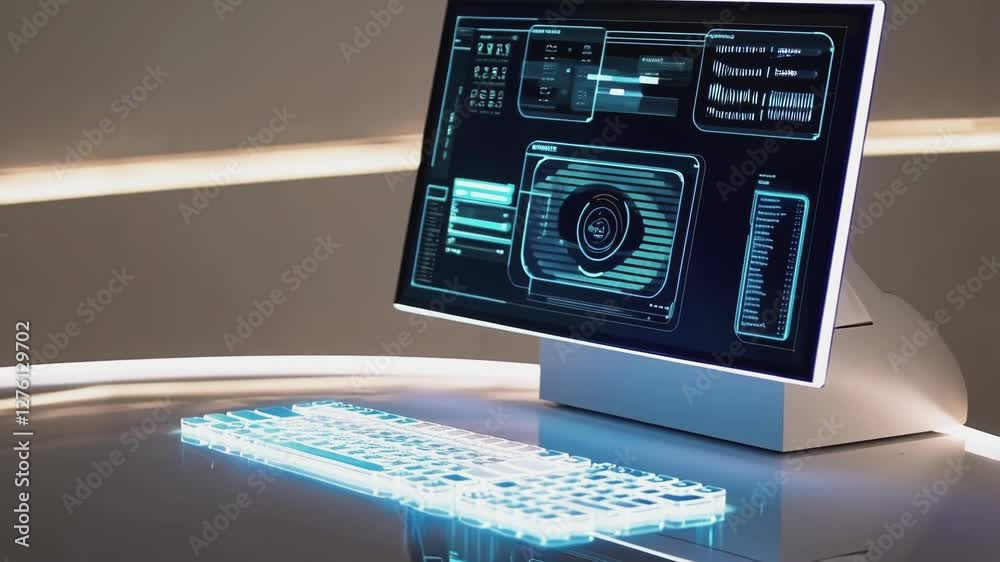 Aufkleber High tech workstation displaying glowing holographic interface with interactive business data visualization, representing digital workspace innovation and cutting edge technological advancement