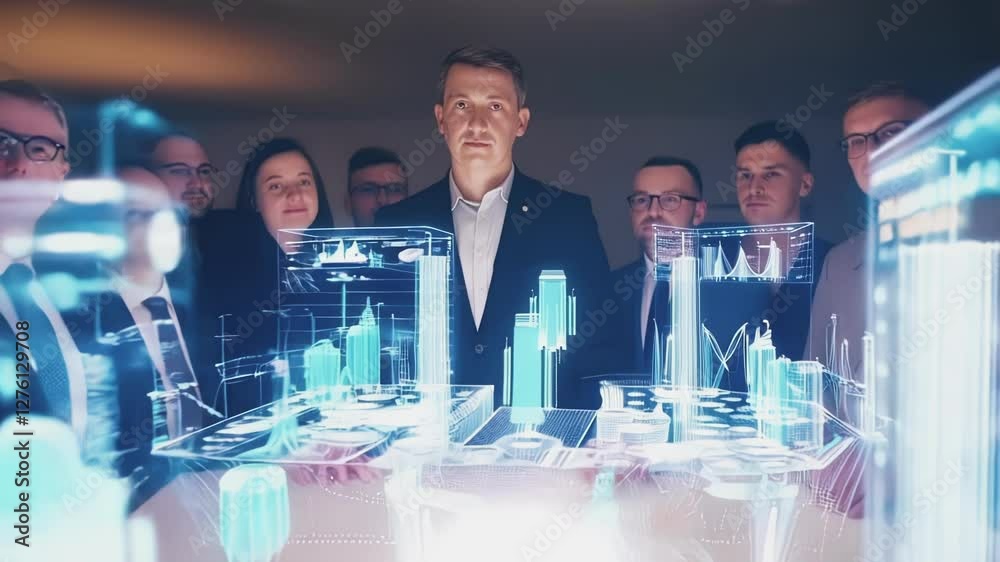 Aufkleber Group of business professionals engages with a dynamic holographic display, analyzing complex data visualizations in a modern office setting