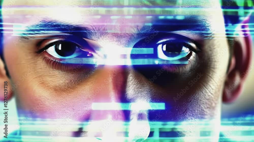 Poster close up of a person's eyes with digital holographic overlays, symbolizing modern technology and vir