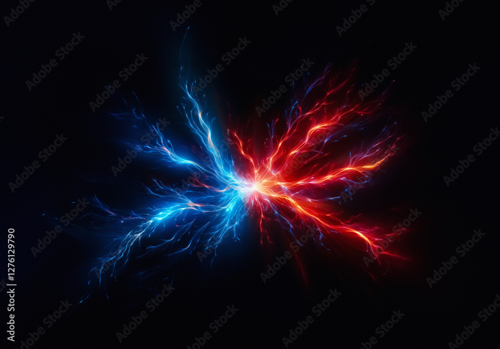 Poster a vivid display of opposing forces with bright blue and red energy streams converging in a central b