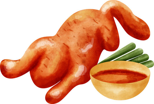 watercolor roasted duck with sauce and green onions clip art preview