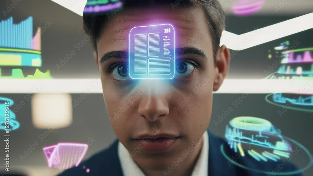 Aufkleber business professional interacts with a vibrant holographic interface, showcasing graphs, charts, and