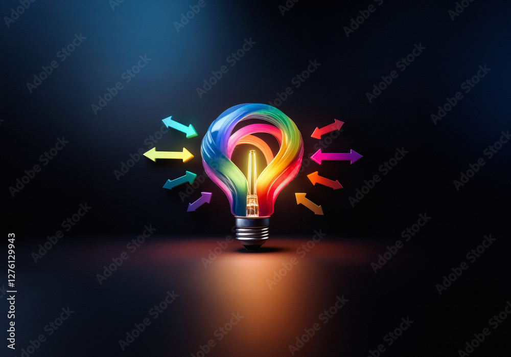 Poster a colorful light bulb emits vibrant rainbow arrows against a dark backdrop, representing ideas sprea