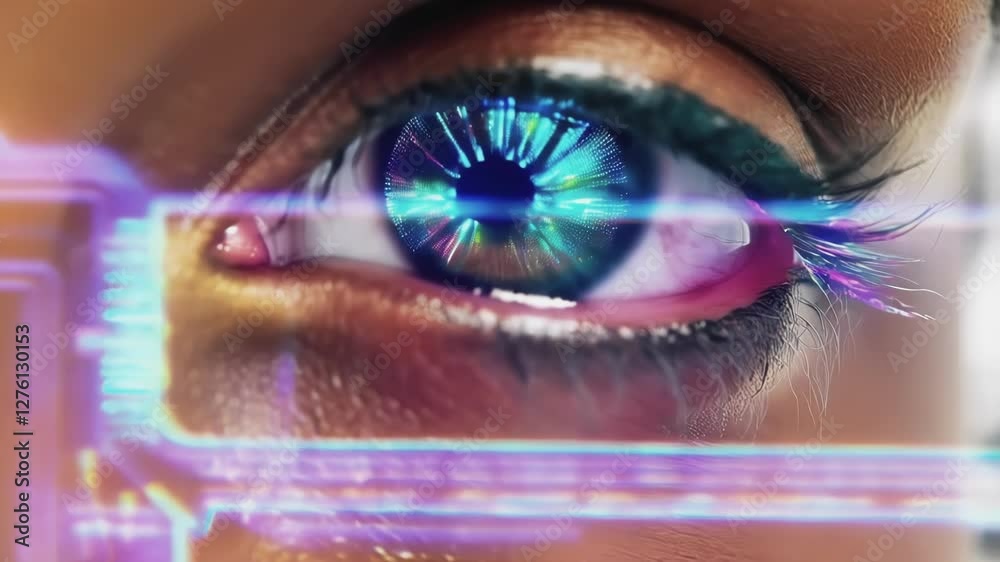 Poster Close up of a human eye showing intricate digital hologram graphics within the iris, symbolizing advanced technology and artificial intelligence