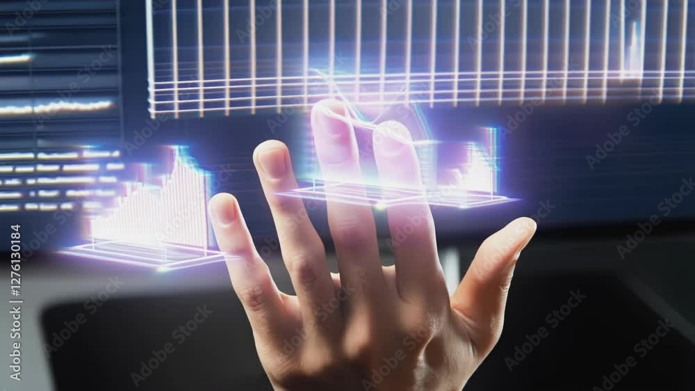Poster Holographic technology showcasing graphs and charts as a hand interacts, depicting futuristic data analysis and visualization in a business environment