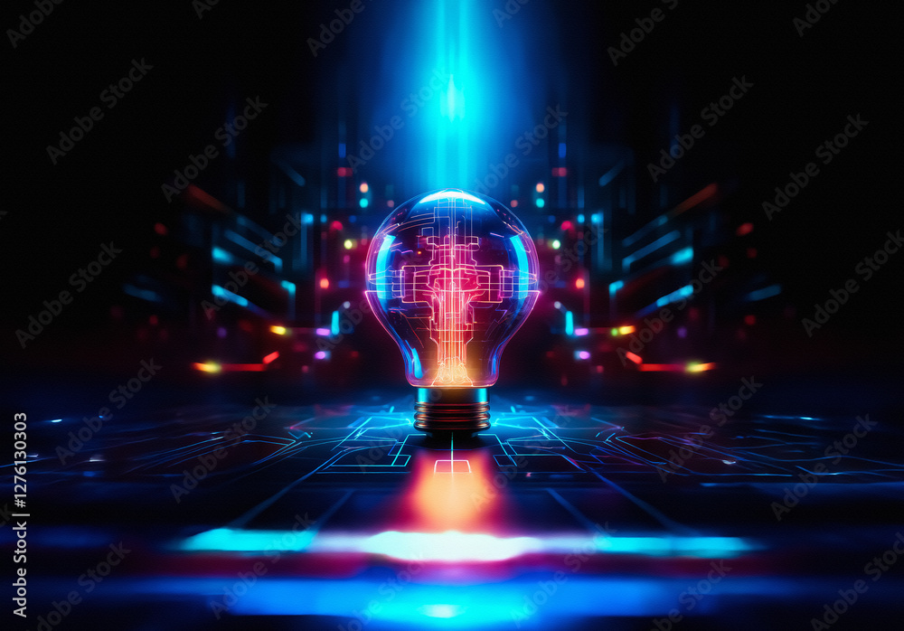 Poster illuminated lightbulb with circuit patterns glows in red and blue hues. futuristic digital tech conc