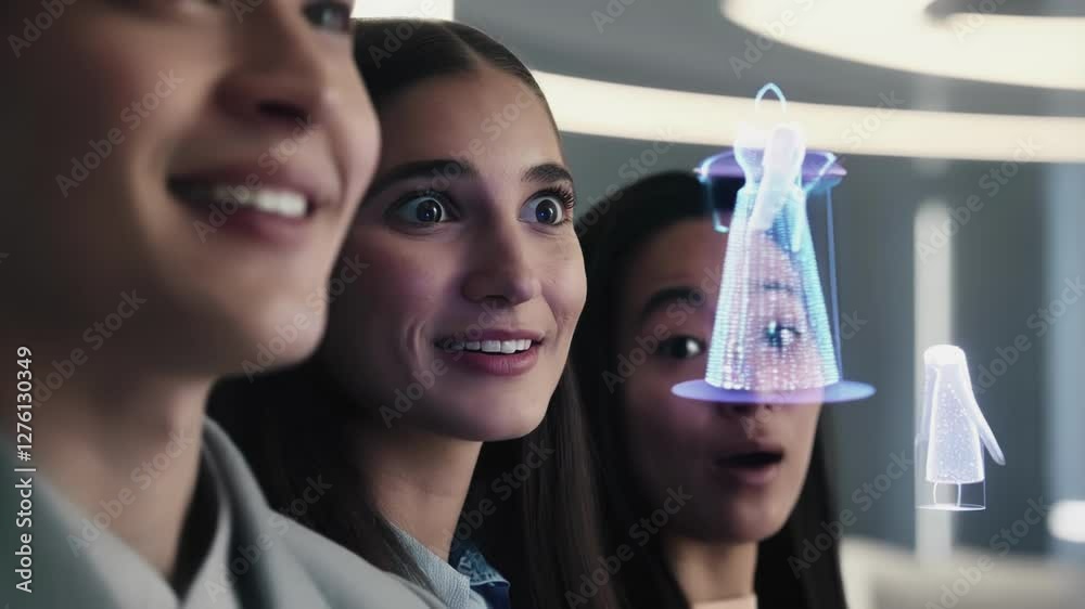 Poster Professional team experiencing innovative holographic technology, expressing amazement while interacting with advanced digital interface in sleek workplace environment
