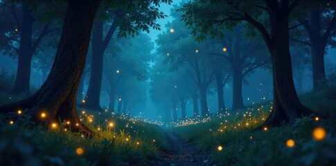 Tranquil forest at dusk with softly glowing fireflies, glowing, night, fireflies