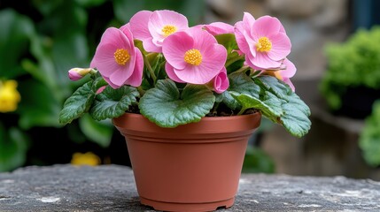 Close up view of pink flowers in a terracotta pot, set against a blurred background of lush green foliage. The image features soft lighting and a