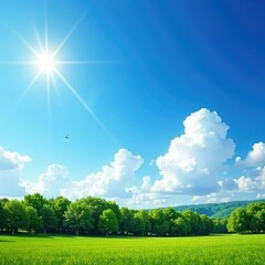 Treeline against a vast blue sky with fluffy white clouds, sun, landscape