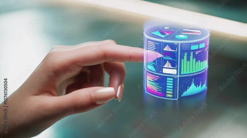 Aufkleber Hand interacts with a 3d holographic business display, showcasing digital charts and graphs in a virtual space, highlighting innovative technology in data visualization