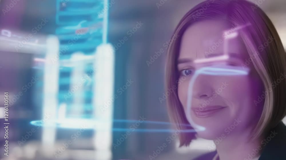 Aufkleber businesswoman engaging with a digital holographic interface. expressive reactions reveal curiosity a