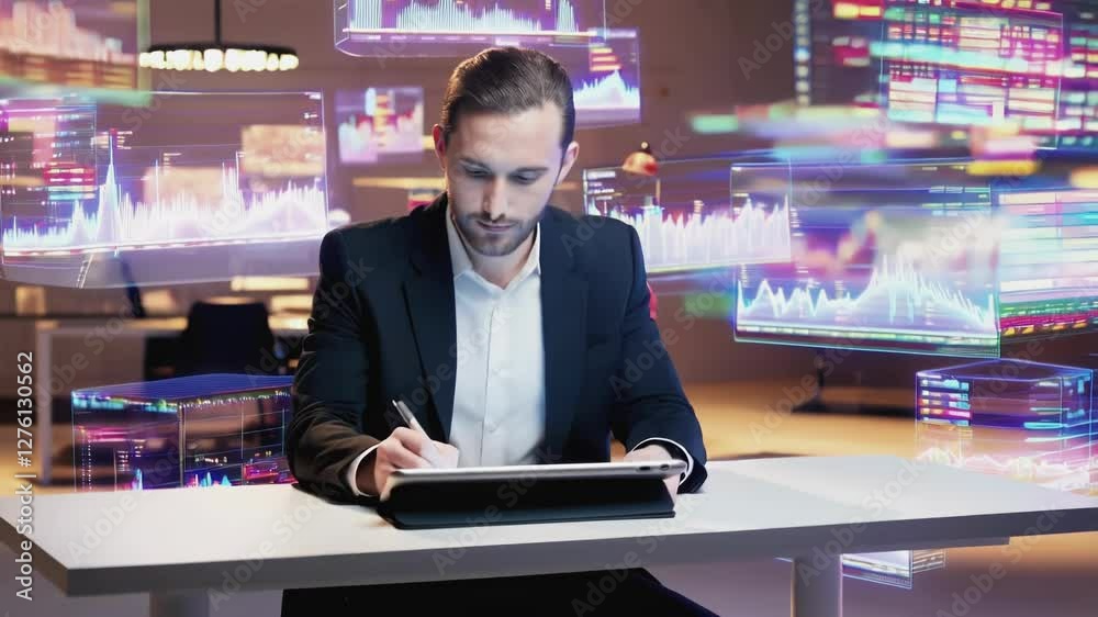 Poster Business professional interacts with floating holographic graphs and screens, analyzing complex financial data in a futuristic office setting