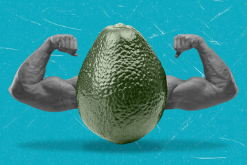 Creative, modern art collage of hands with avocado. Healthy eating concept.