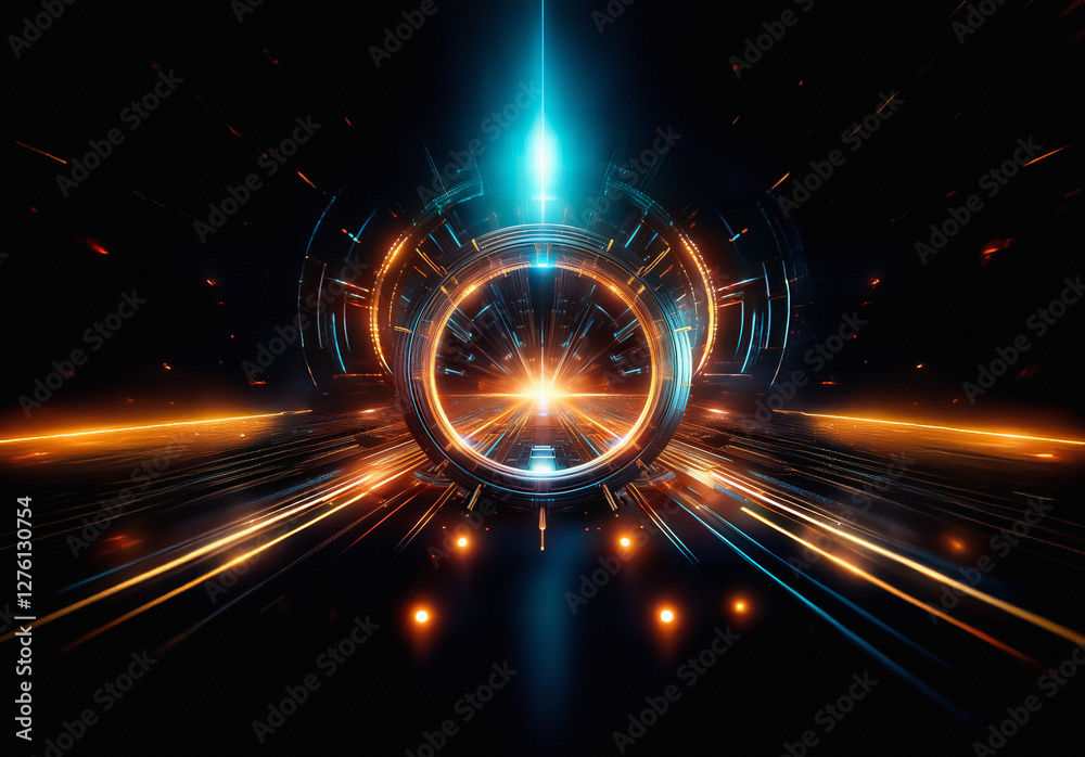 Aufkleber Abstract futuristic design with vibrant orange and blue lights emanating from a central circular form in a dark backdrop.