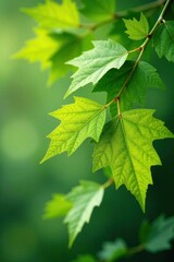 Fototapeta premium Vibrant Green Leaves on a Branch, Illuminated by Soft Sunlight, Exhibiting Delicate Veins and Textures