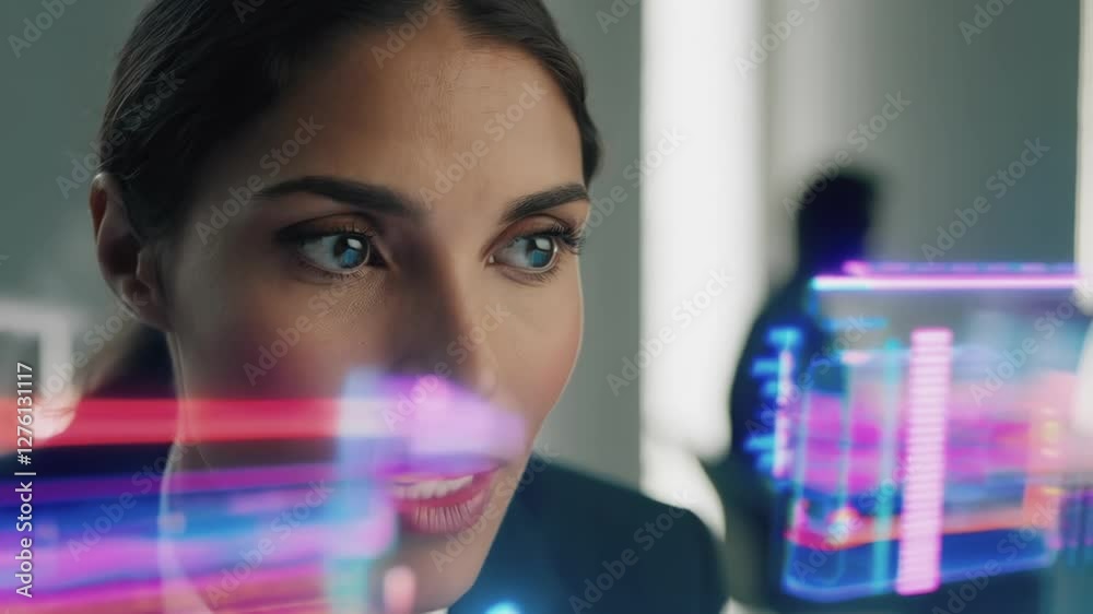 Aufkleber Focused businesswoman working with futuristic holographic interface, analyzing data and statistics in a modern office environment, with a colleague working in the background