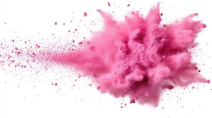 Vibrant pink powder explosion against a stark white background. The image showcases the dynamic movement and texture of the powder as it bursts and