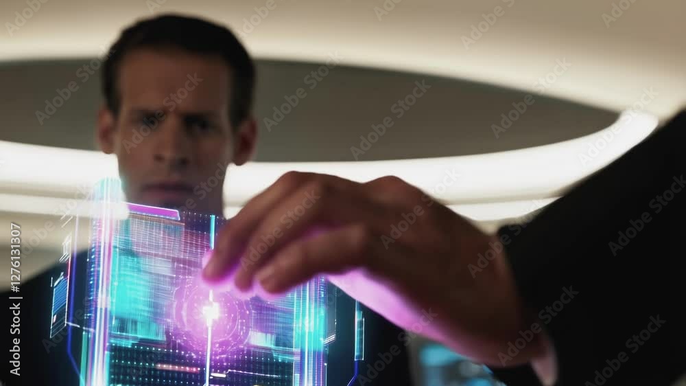 Poster innovative technology illuminates a modern office as a businessman interacts with a complex, glowing