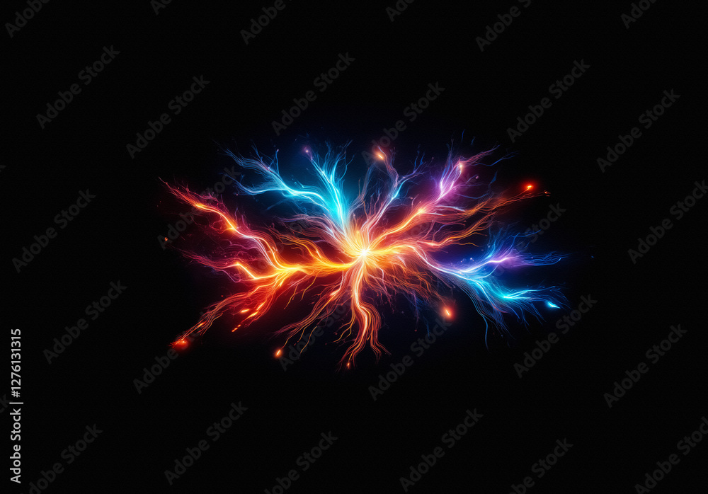 Poster colorful branching lines of light radiate from a central point, creating a vibrant and energetic dis