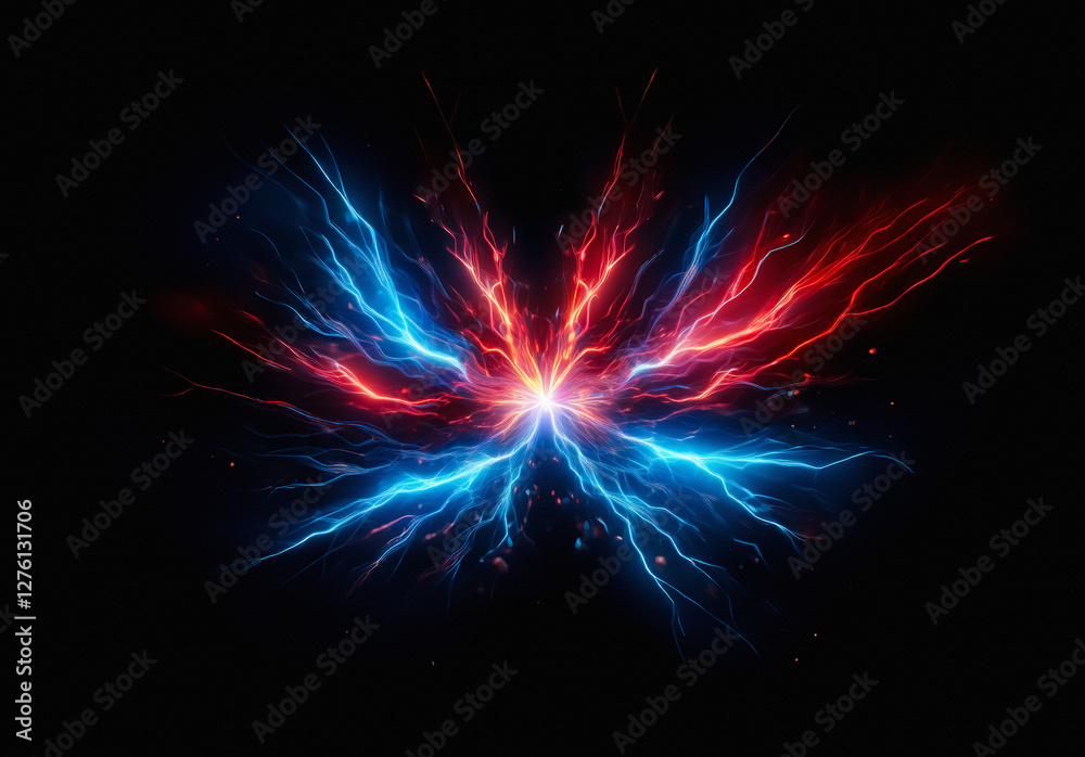 Poster Vibrant energy streams in red and blue, radiating from a central point. Electric arcs illuminate the dark background with dynamic power.