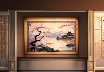 Fototapeta premium Asian-inspired painting features a pagoda by a serene lake, framed by blossoming cherry branches. Soft pastel hues depict mountains under a calm sky, displayed elegantly in a wall niche.