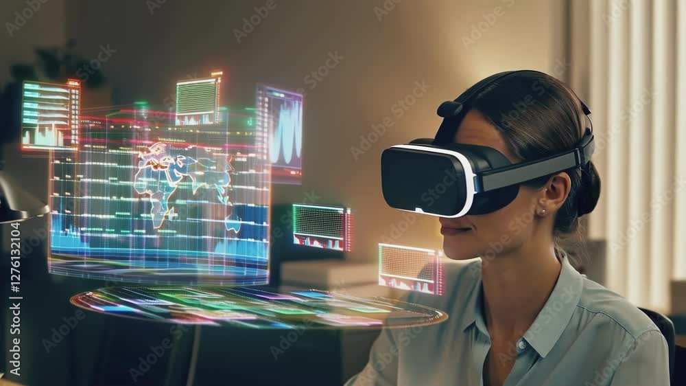 Poster businesswoman wearing vr headset analyzes holographic business data with charts and graphs, explorin