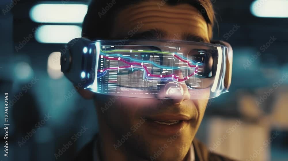 Poster sophisticated businessman wearing transparent high tech glasses, displaying interactive financial ch