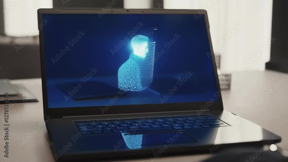 Poster Cutting edge laptop projecting rotating holographic representation of businessperson working in sleek corporate workspace, highlighting advanced technological visualization