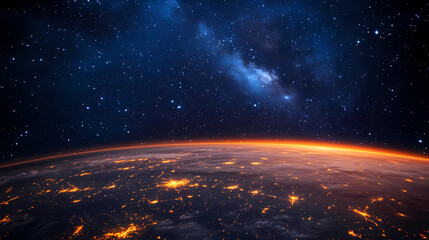 Obraz premium Earth from Space: A Peaceful Horizon with City Lights Amidst the Stars