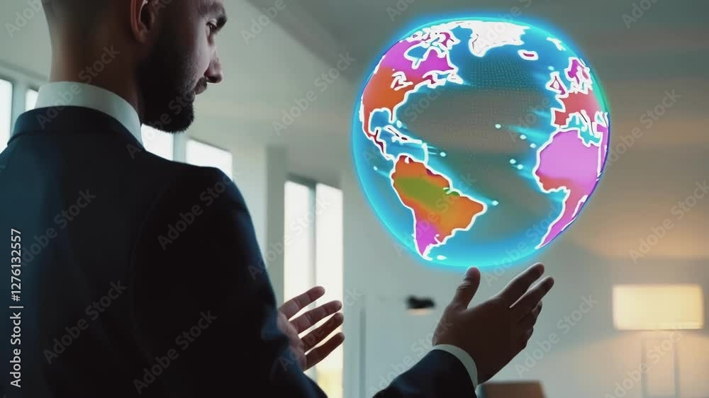 Aufkleber businessman in a suit interacts with a colorful holographic projection of earth, seemingly manipulat