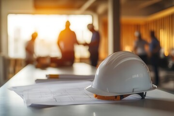 a construction supervisor reviewing blueprints at a modern job site hard hat placed on sleek conference table team meeting in soft focus background warm industrial lighting