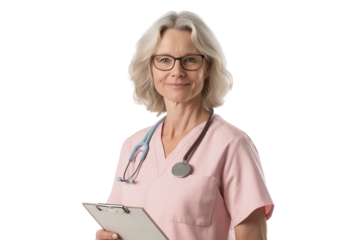 Swedish nurse in pale pink scrubs holding clipboard isolated on transparent white background