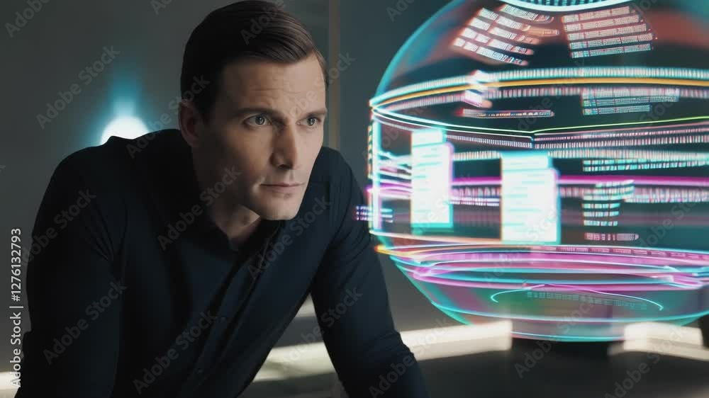 Poster businessman working late in futuristic office analyzing glowing holographic data visualization of di