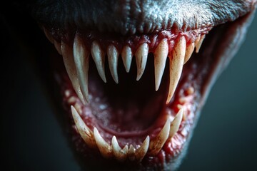 Close-up of bloody vampire teeth, dim blue lighting. AI image