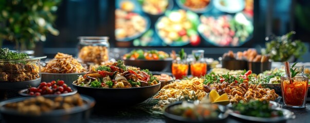 A vibrant display of diverse dishes, including salads, appetizers, and drinks, beautifully arranged on tables, perfect for gatherings and celebrations.