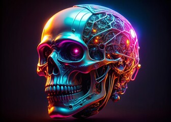 Cyber Skull Digital Art: Futuristic Glowing Skull Illustration with Copy Space