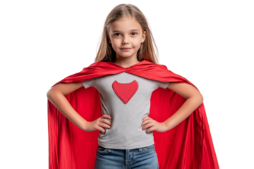 girl in superhero cape hands on hips triumphantly isolated on transparent white background