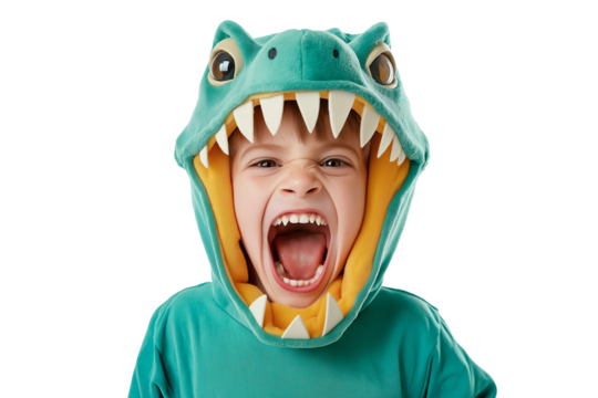 boy in green dinosaur costume roaring playfully isolated on transparent white background