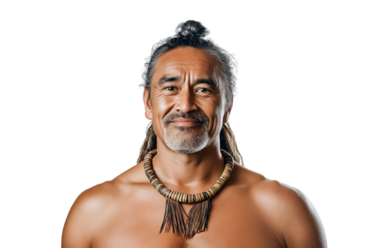 Maori man in tribal necklace chin raised proudly isolated on transparent white background - Powered by Adobe