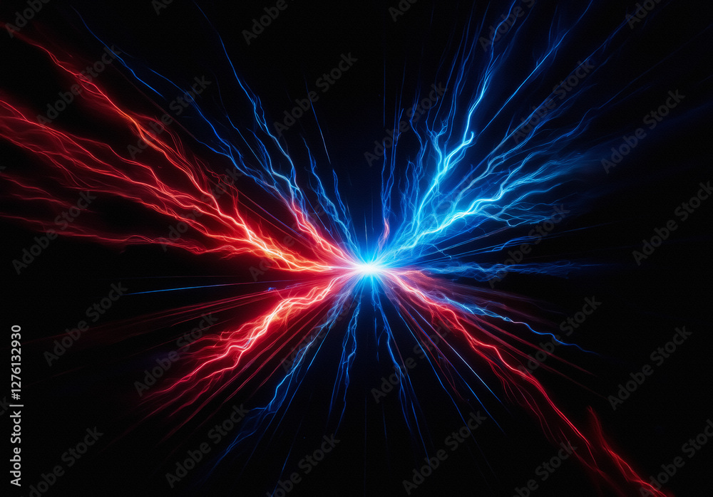 Aufkleber Striking visual of opposing energy forces, red and blue, clashing in a dynamic burst against a stark black backdrop, creating an electrifying and powerful scene.